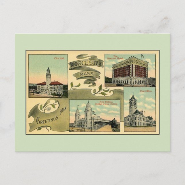 Carte Postale Salutations Vintages des années 1910 de Worcester  (Devant)