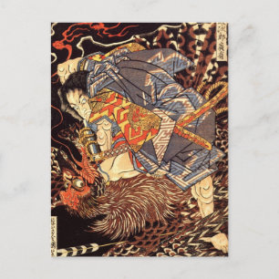 Carte Postale Samurai tuant Tengu/Peinture d'oiseaux, c. Années 