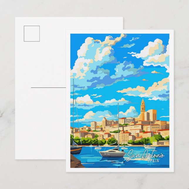 Carte Postale San Antonio Espagne Illustration de voyage Art vin (Devant / Derrière)