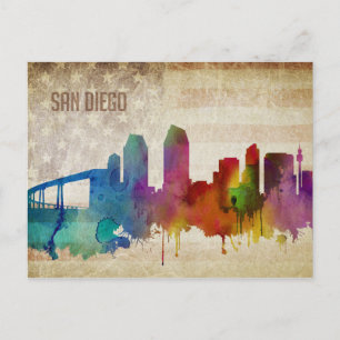 Carte Postale San Diego, CA   Aquarelle Ville Skyline