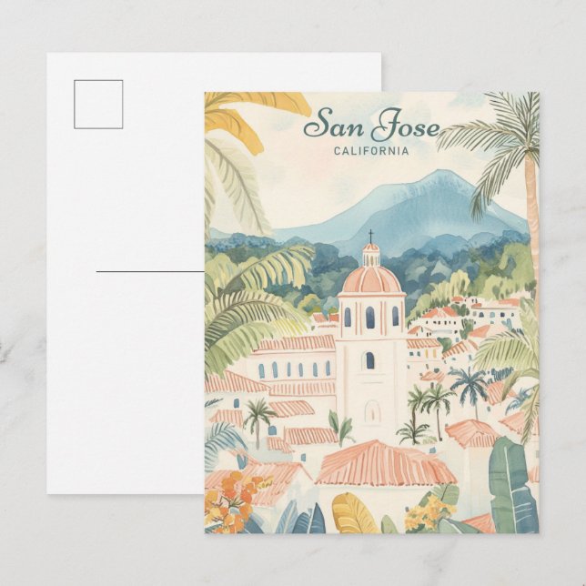 Carte Postale San Jose California Gouache Illustration Voyage (Devant / Derrière)