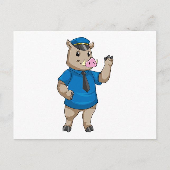 Carte Postale Sanglier en policier avec un chapeau de policier (Devant)