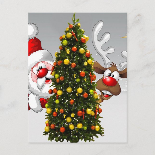 Carte Postale Santa claus and reindeer behind a christmas tree.j (Devant)