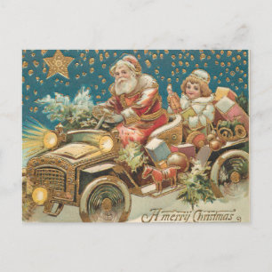 Carte Postale Santa Claus Conduisant Voiture Vintage dans la nui