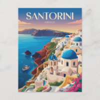 Santorin Grèce Dôme Bleu Voyage Art Rétro