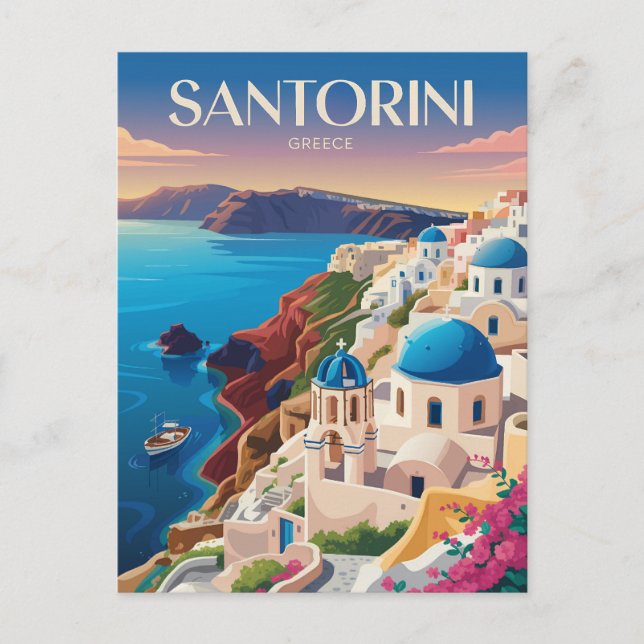 Carte Postale Santorin Grèce Dôme Bleu Voyage Art Rétro (Devant)