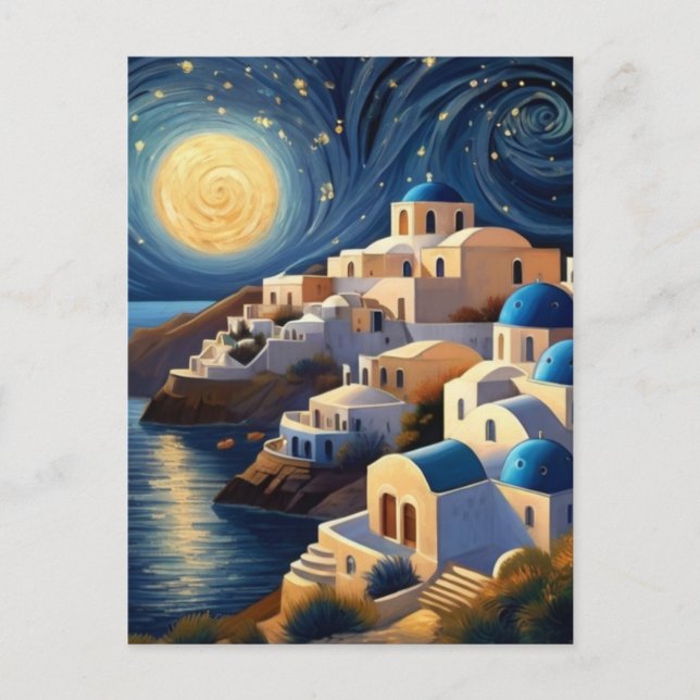 Carte Postale Santorin, Grèce par Lumière de la Lune - Grec Isla (Devant)