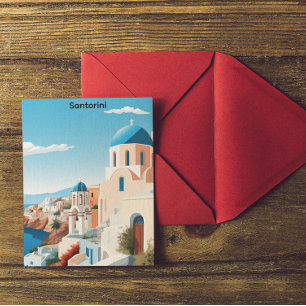 Carte Postale Santorin Rétro Grèce Méditerranée Bleu & Blanc 
