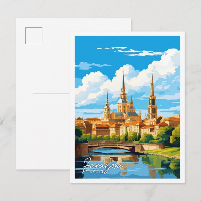 Carte Postale Saragosse Espagne Illustration de voyage artisanal (Devant / Derrière)