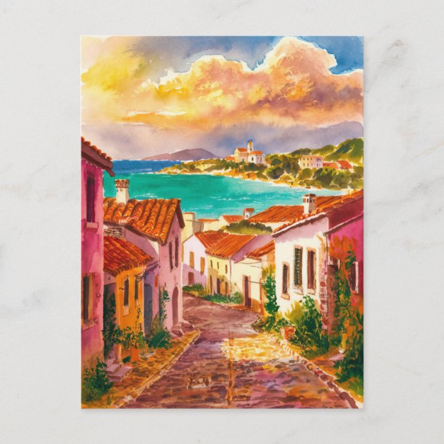 Carte Postale Sardaigne Italie rue aquarelle peinture (Devant)