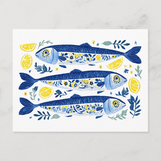 Carte Postale Sardines bleu et jaune méditerranéenne (Devant)