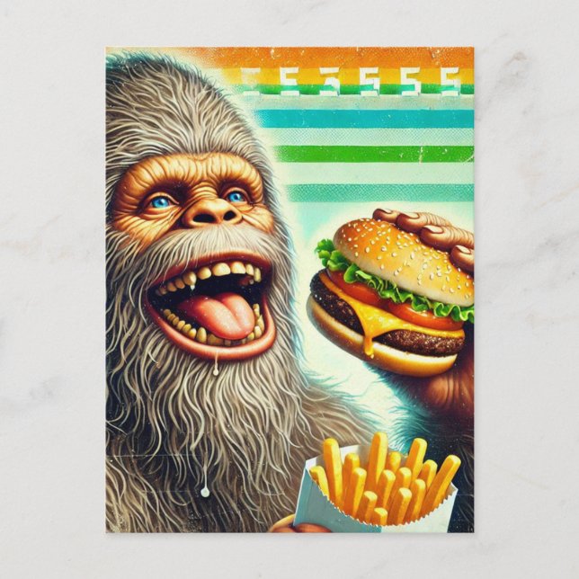 Carte Postale Sasquatch Cheeseburger et Fries Retro (Devant)