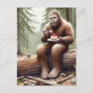 Carte Postale Sasquatch dans la forêt de mossy avec un cheesecak