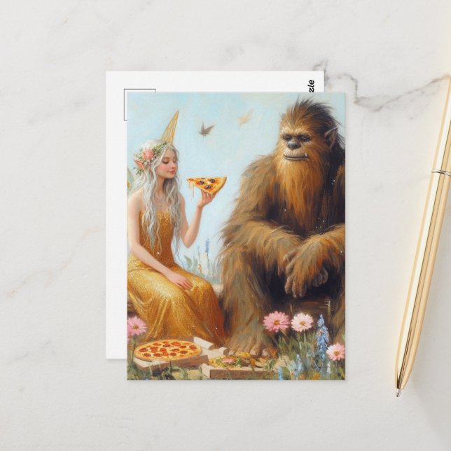 Carte Postale Sasquatch et la date de la pizza fée (Devant/Arrière en situation)
