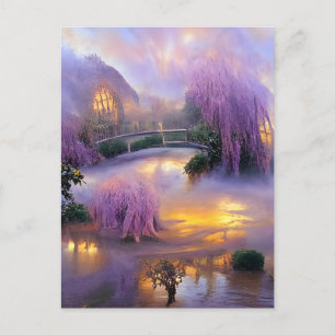Carte Postale Saule rose au coucher du soleil près de l'étang