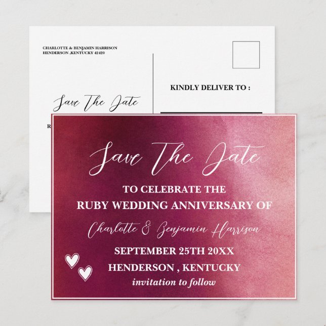 Carte Postale Sauver la date 40e anniversaire de mariage Rubis  (Devant / Derrière)