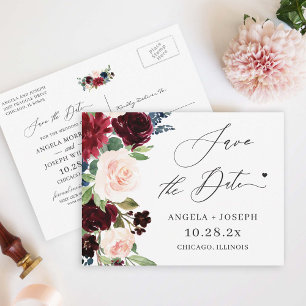 Carte Postale Sauvez la date Burgundy Maroon Blush Navy Floral
