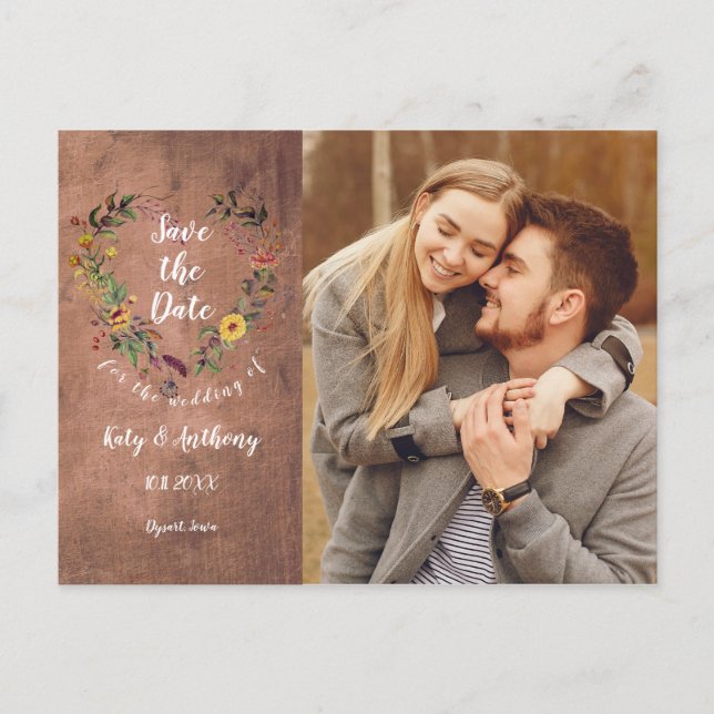 Carte Postale Sauvez la date Floral Heart Rustic Wood Photo (Devant)