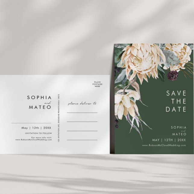 Carte postale "Save The Date" à motif floral blanc (Créateur téléchargé)