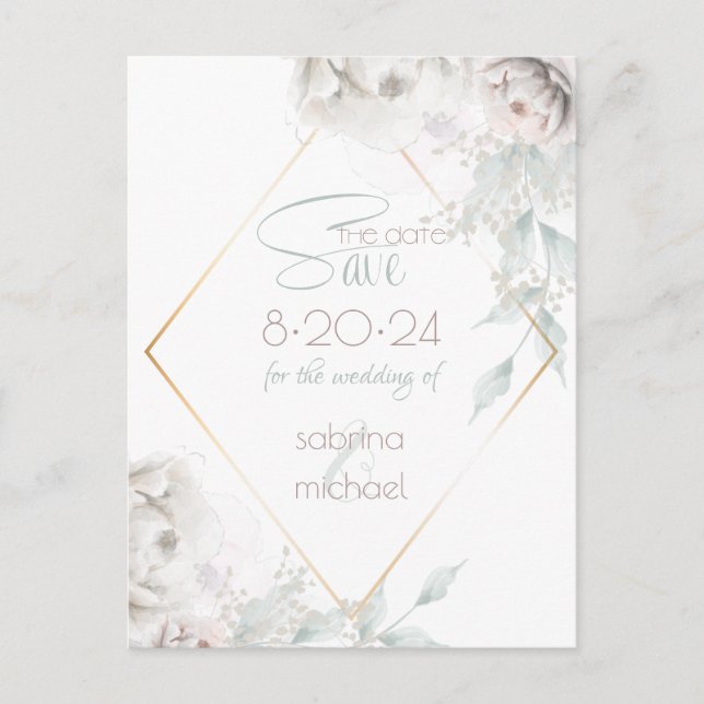 Carte Postale Save the date | Albâtre Peonies d'aquarelle blanch (Devant)