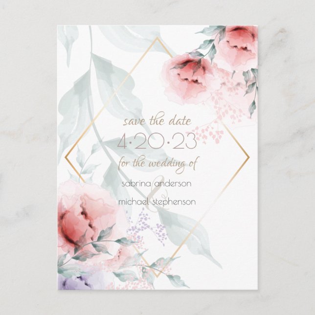 Carte Postale Save the date | Corail/Lilac Aquarelle Peony (Devant)