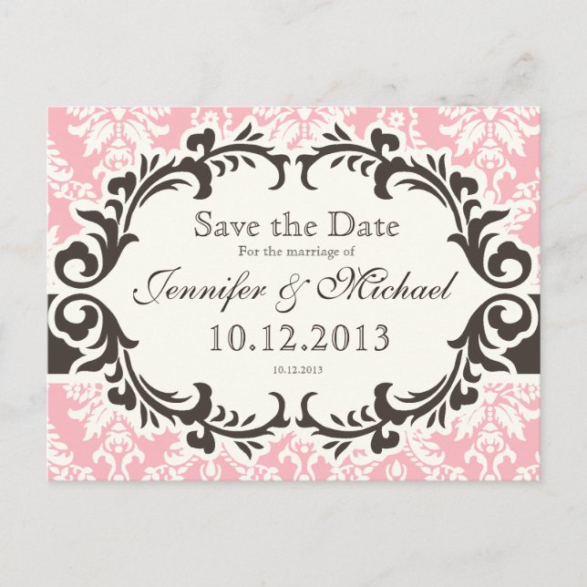 Carte postale Save the Date Damassé Rose (Devant)