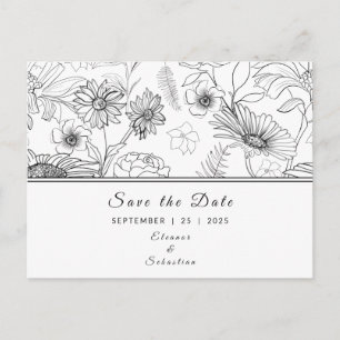 Carte Postale "Save the Date" noir & blanc motif de fleur margue