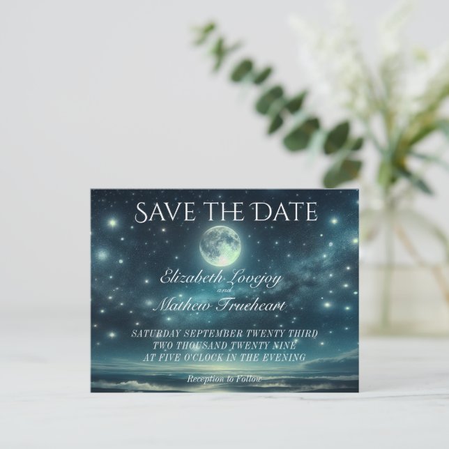 Carte Postale "Save the date" pour mariage | Bleue Lune étoilée (Debout devant)