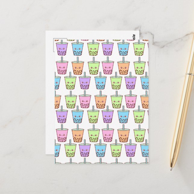 Carte Postale Saveurs de thé au lait Boba (Devant/Arrière en situation)