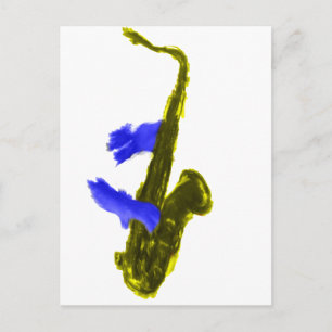 Carte Postale Saxophone joué à deux mains, bleu et jaune