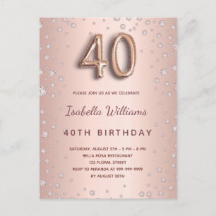 Carte Postale Scénario de ballon rose de diamants or 40e anniver