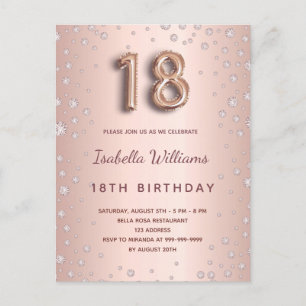 Carte Postale Scénario de ballons de diamants d'or rose 18e anni