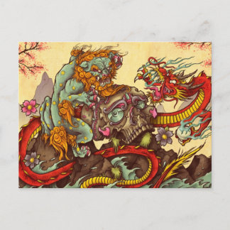 Carte Postale Scène asiatique avec chien de foin et dragon