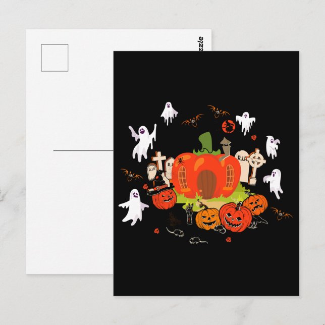 Carte Postale Scène de cimetière de citrouilles effrayantes pour (Devant / Derrière)
