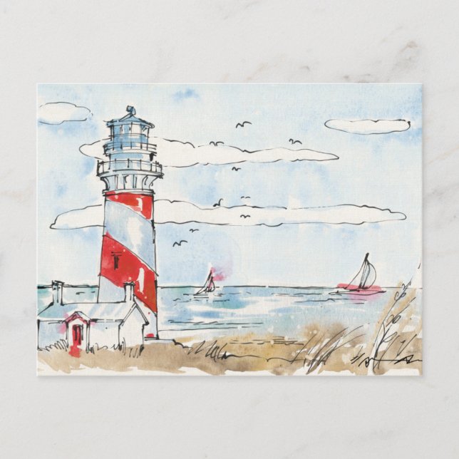 Carte Postale Scène de phare rouge et blanc (Devant)