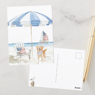 Carte Postale Scène de plage américaine avec un chien patriotiqu