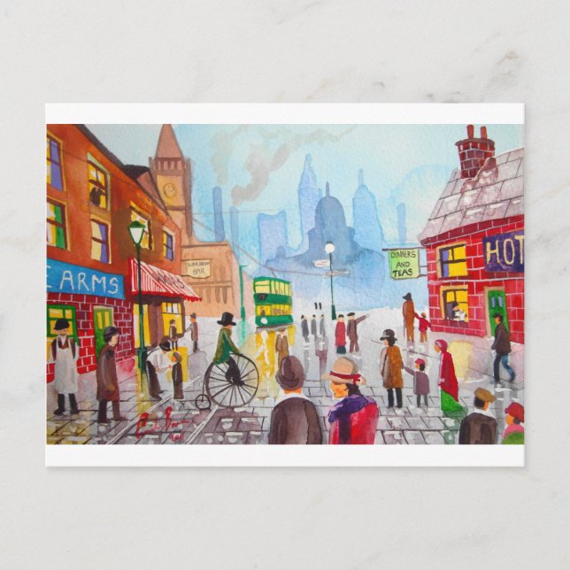 Carte Postale Scène de rue très fréquentée tramway de penny fart (Devant)