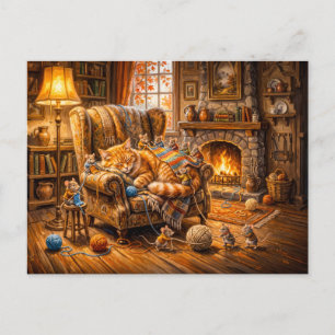 Carte Postale Scène de tricot douillet de chat et de souris