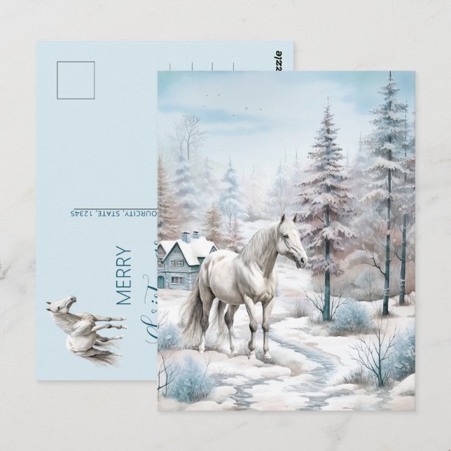Carte Postale Scène hivernale de cheval neige forêt Noël (Devant / Derrière)
