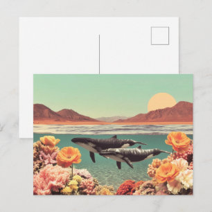 Carte Postale Scène océanique surréaliste avec baleines et corai