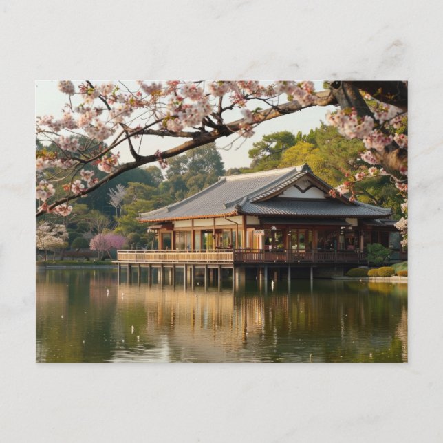 Carte Postale Scène printanière japonaise avec étang et fleurs d (Devant)
