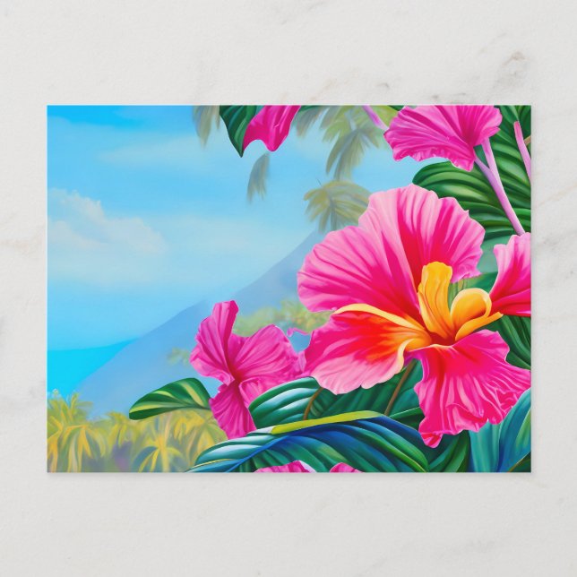 Carte Postale Scène tropicale avec des fleurs roses d'hibiscus h (Devant)