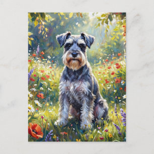 Carte Postale Schnauzer dans une prairie de fleurs sauvages