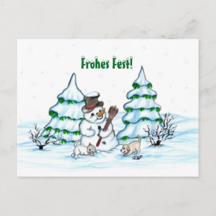 Carte Postale Schneemann mit Katze und Hundewelpe auf Deutsch