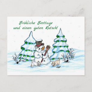 Carte Postale Schneemann mit Katze und Hundewelpe auf Deutsch