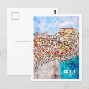 Carte Postale Scilla Italie Lieu de voyage célèbre Croquis aquar