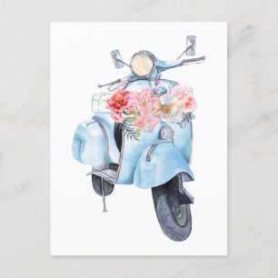 Carte Postale scooter bleu vintage avec fleurs