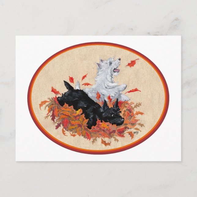 Carte Postale Scottie & Westie Feuilles mortes (Devant)
