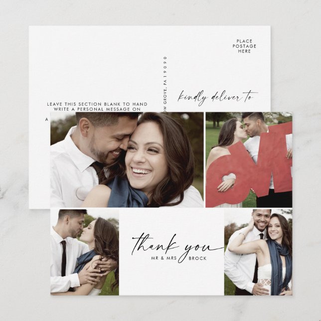 Carte Postale Script 4 Photo Collage Wedding Thank You (Devant / Derrière)