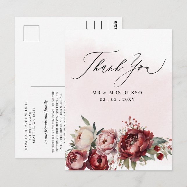 Carte Postale Script élégant Burgundy Blush Floral Merci (Devant / Derrière)